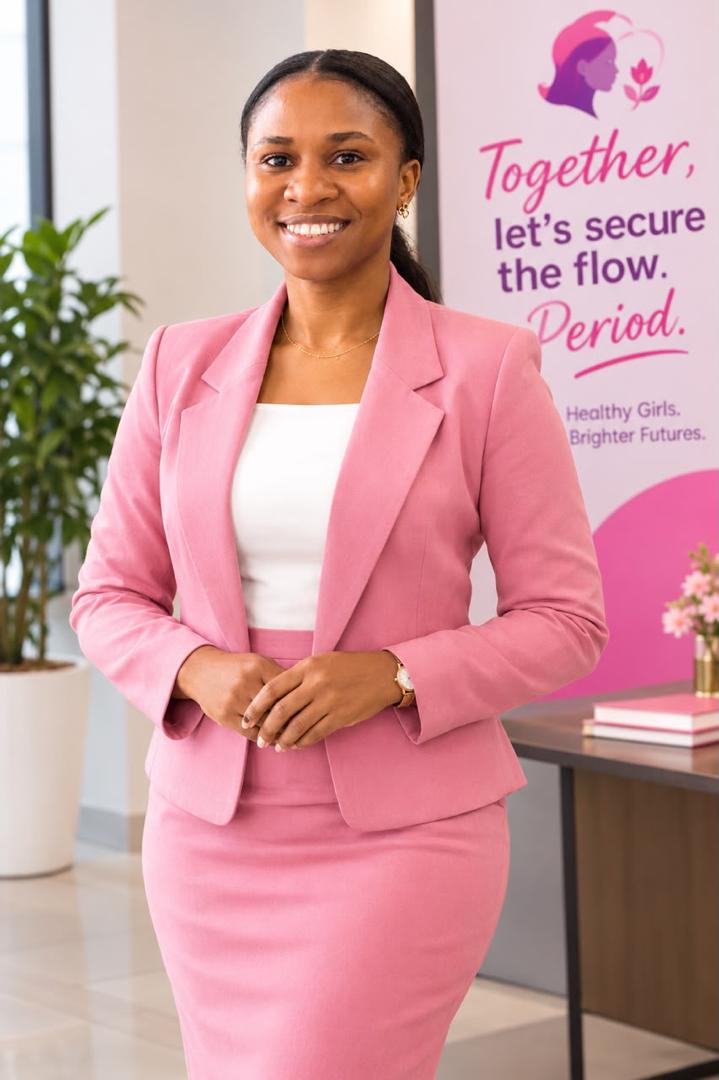 A woman in a pink suit standing in an office beside a banner reading Together, let's secure the flow. Period. Healthy Girls. Brighter Futures.
